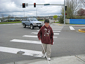 Here a blind student confidently, safely, and successfully completes his first street crossing at a traffic light. While he could not see that the light was red, using the flow of traffic as a guide allowed him to cross at the appropriate time. 