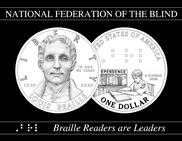 NFB-Braille coin with National Federation of the Blind above it and Braille Readers are Leaders below it.