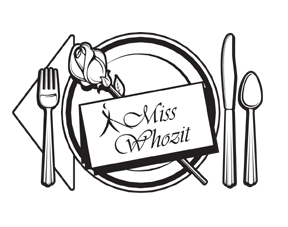 A formal place setting, complete with placecard bearing the Whozit logo and the words, �Miss Whozit.�